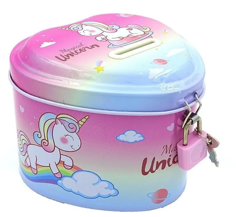 [kids accessories-57821] Themed Metal Heart Shape Piggy Bank for Kids | Cute Coin Savings Box with Lock & Key | Money Saving Gullak for Girls & Boys | Perfect Birthday Return Gift & Kids Room Decor