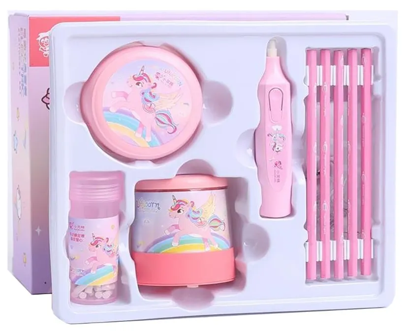 [school essentials - quirky stationary-58500] Electric Stationery Set, Automatic Sharpener for Kids, Stationary Items, Pencil Eraser Set, School Supplies, Return Gifts for Kids (Unicorn), Multi Color
