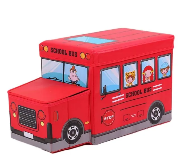 [school essentials - quirky stationary-58694] Foldable Storage Box with Lid Cum Stool for Kids (School Bus Shape, Hard Cardboard, Blue)