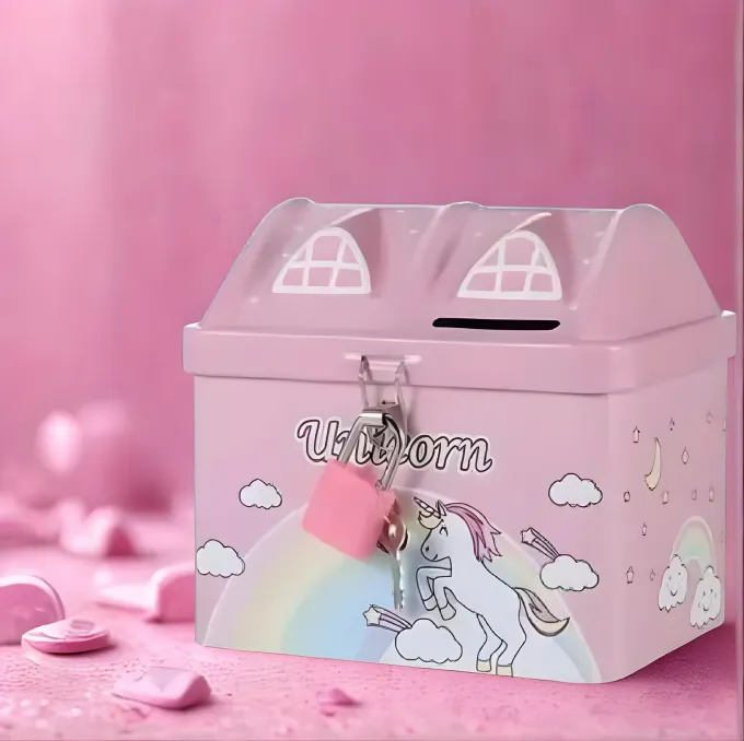[kids accessories-61701] Unicorn Printed Hut Shape Coin Bank Piggy Bank for Kid with Lock & Key Money Saving Storage Bank for Children Coin Collection Box for Girl Small Saving Box for Boys