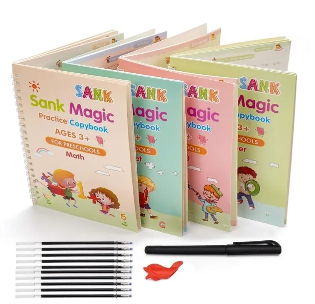 [art craft - do it yourself kits-63447] Sank Magic Practice Copybook, (4 BOOK +1 PEN + 10 REFILL) Number Tracing Book for Preschoolers with Pen, Magic calligraphy books for kids Reusable Writing Tool