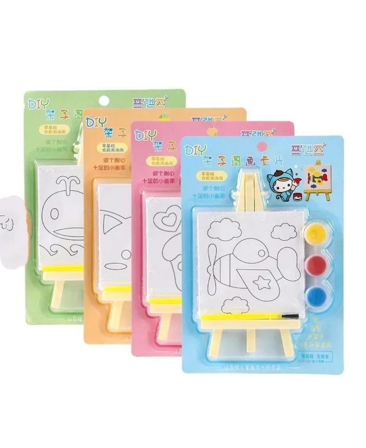[art craft - art paint kits-63835] Return Gifts for Kids DIY Samll Painting Kit with Three Colors One Brush for Art & Craft Combo Set Mini Canvas Painting Kit Easel Stand, Painting Canvas Board Random Design (Set of 2)