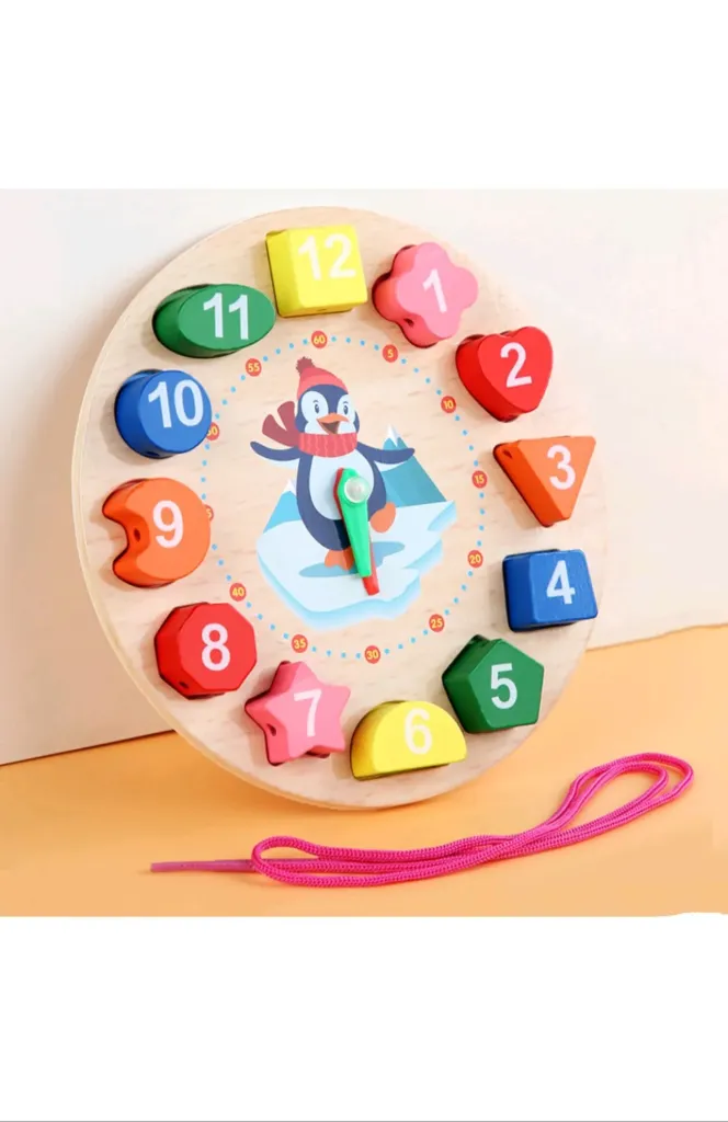 [toys  games - puzzles and blocks-66454] Wooden Learning Clock with Bead Lace, Educational Digital Analog Numbers, Shape & Color Learning Montessori Toy for Kids (Pack of 1, Multicolor)