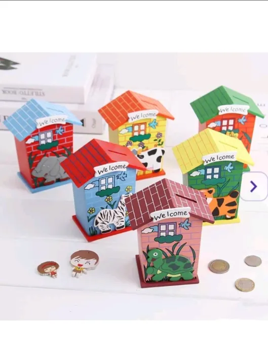 [kids accessories-72662] Wood Store Wooden Cartoon Animal Hut Shape Money Bank | Coin Saving Piggy Bank | Best for Children Gifts (Lion) Multi Color