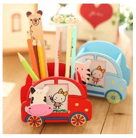 [school essentials - quirky stationary-73729] 3 In 1 Pencil Holder,Pen Stand To Decorate On The Table Top for kids | Colorful Wooden Car Design Pen Stand with Photo Frame and Clip Return Gift | (Set of 5)